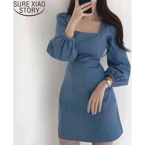 High Waist Solid Puff Sleeve Bag Hip Fashion Dress Korean Women Square Collar Expose Clavicle Slim Party Dress Vestidos 12148