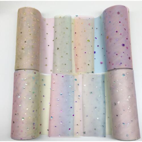 10Yards Width 15cm Colorful Star&Love Printed Glitter Tulle Mesh Roll Spool Tutu Pom Soft Squine Tulle DIY Crafts Decoration