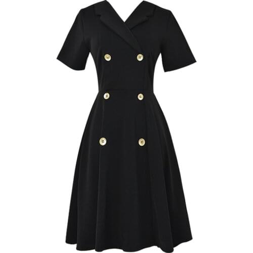 PERHAPS U Black Turn Down Collar Button Short Sleeve Mini Dress Casual Vintage Sexy Elegant Solid Summer Women Female D0330
