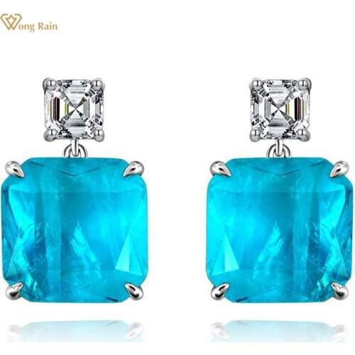 Wong Rain 925 Sterling Silver Created Moissanite Diamonds Paraiba Tourmaline Gemstone Earrings Ear Studs Fine Jewelry Wholesale