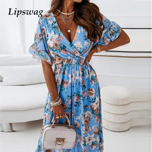 Elegant Women Elastic Waist Long Dress Spring 2021 Summer Short Sleeve Floral Print Party Dress Sexy V Neck Ruffle Beach Dress