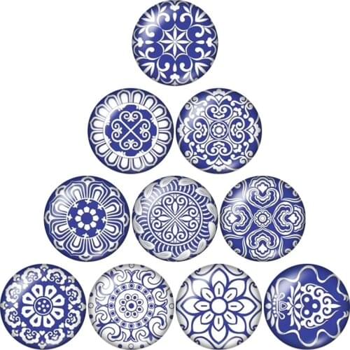 Blue flowers pattern 10pcs mixed 12mm/16mm/18mm/25mm Round photo glass cabochon demo flat back Making findings ZB0443