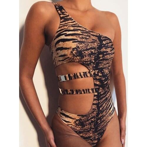 2020 Summer Tiger Print Swimwear One Shoulder One Piece Swimsuit Bikini Women Cut Out Sexy Monokini Woman Beach Wear Bodysuit