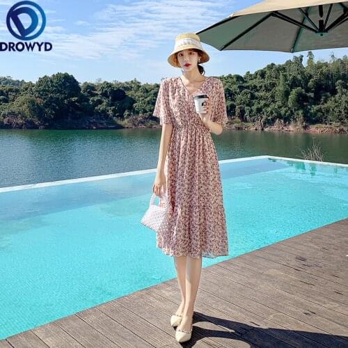 2021 Summer Beach Boho Midi Dress Women New Retro Temperament Small Pink Floral Waist Sweet Print Bodycon Party Dresses Vestidos