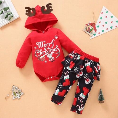 Christmas Winter Newborn Baby Girls 3PCS Lounge Set Long Sleeve Hooded Babysuit Pants Clothes Set Headband Kids Children