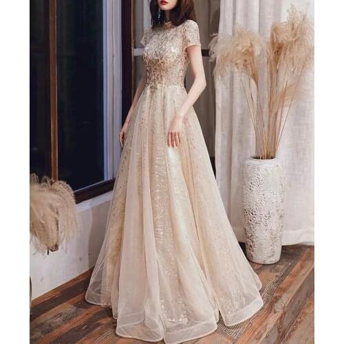 Shiny A-line Evening Dresses With Sleeves Champagne Organza High Neck Prom Dress Wedding Party Guest Gown Formal Celebrity Dress