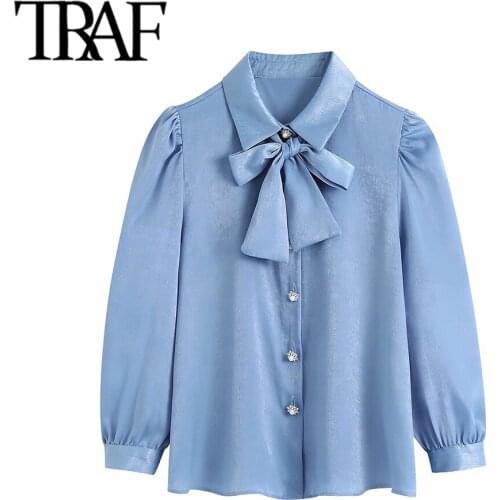 TRAF Women Fashion With Bow Tied Cozy Blouses Vintage Three Quarter Sleeve Rhinestone Buttons Female Shirts Chic Tops