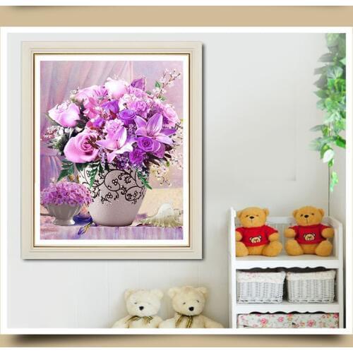 Diamond studded home decor diamond embroidery, launched in 2018 with a new 5D DIY Full Round diamond painting purple rose vase