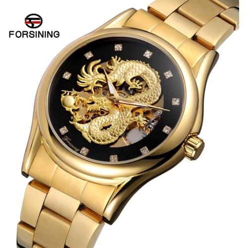 Forsining Classic Dragon Design Gold Stainless Steel Diamond Display Men Automatic Wrist Watches Top Brand Luxury Montre Homme