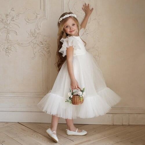 Flower Girl Dresses for Weddings Lace Applique Sheer Ball Gown Puffy Backless Girls Birthday Dress