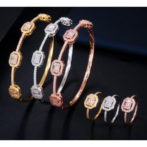 CWWZircons Stackable Square Cubic Zirconia 585 Rose Gold Color Cuff Bangle Braclet Ring Set for Women Fashion Brand Jewelry T100