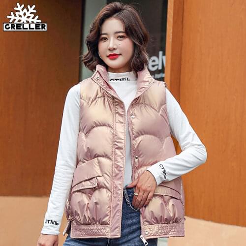 GRELLER 2021 Autumn Winter Womens Solid Loose Vest Glossy Stand Collar Short Vest Jacket Cotton Padded Womens Warm Waistcoat