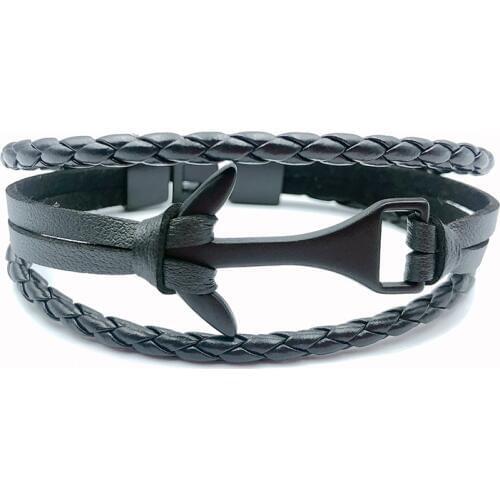 JUNWEI Mens Leather Bracelet Anchor Gun Black Release Buckle Bracelet Mens Jewelry Punk Gifts for Men