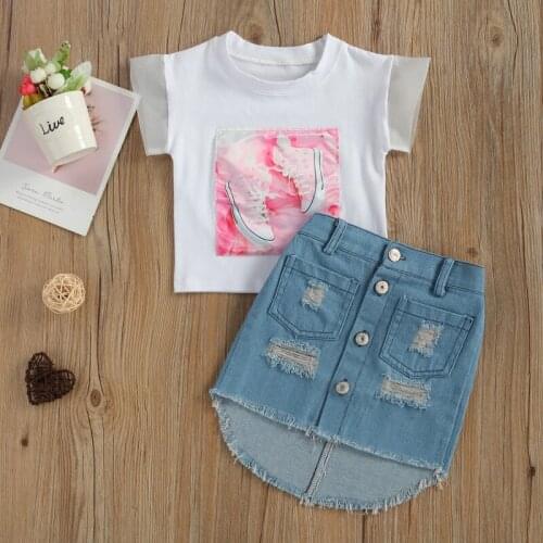 2 Pcs Infant Casual Outfits Summer 2021, Baby Girl Shoe Pattern Short Sleeve T-shirt + Asymmetric Ripped Denim Skirt with Pocket