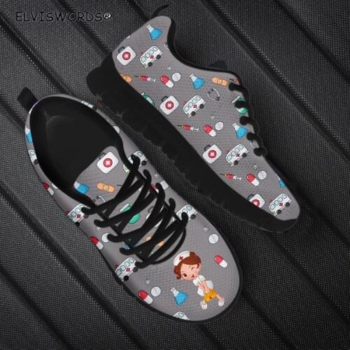 ELVISWORDS Lovely Nurse Design Females Non-slip Flat-Shoes Breathable Air Mesh Sneakers for Women Ladies Leisure Walking Shoes