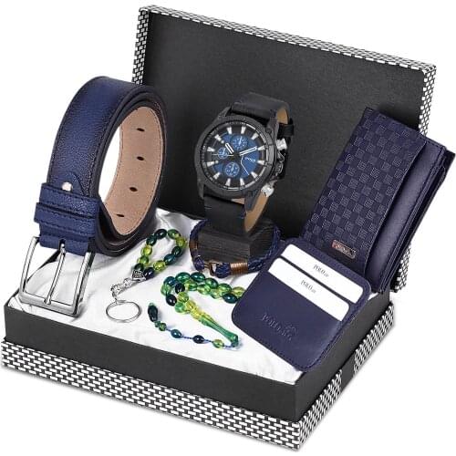 Polo Rucci Men Wristwatch Clock Belt Wallet Card Wallet Rosary Keychain Wristband Kombin Set PL-0361E Blue