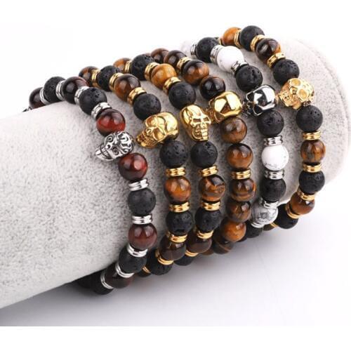 High quality Stainless Steel Skull Charm Men Bracelet Natural Stone Lave Rock Stone Tiger Eye Elastic Bracelet Men