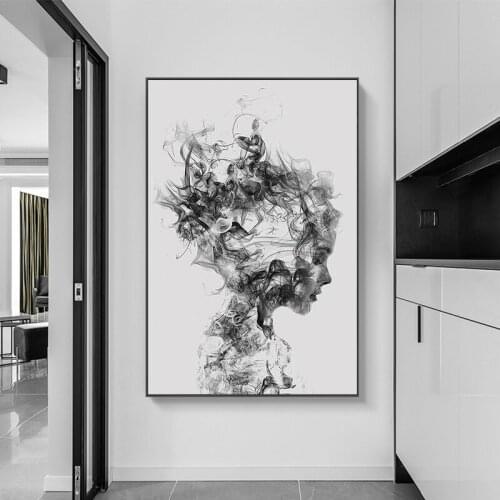 Nordic Black and White Feather Girl Face Mural Picture Scandinavian Poster Abstract Art Prints Living Room Wall Decoration
