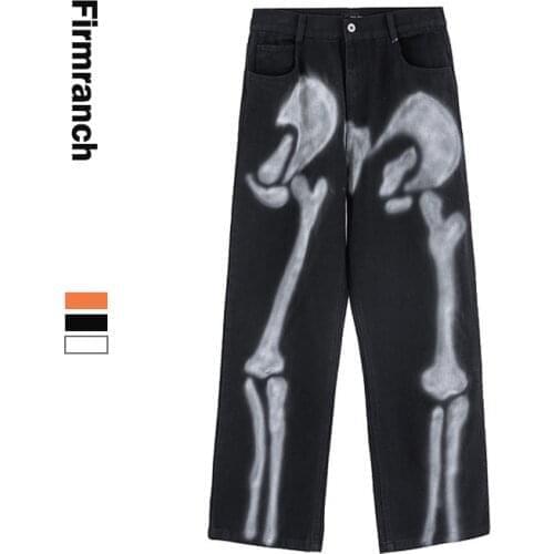 Firmranch 2021 New Men/Women Graffiti Black Skeleton Jeans Ins Orange Bone Print Straight Leg Denim Pants Hip Hop Dad Trousers