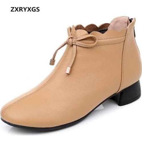 2020 New Spring Soft Genuine Leather Shoes Women Boots Low-heel Ankle Boots Martin Boots Fashion Shoes Woman Large Size 34-43