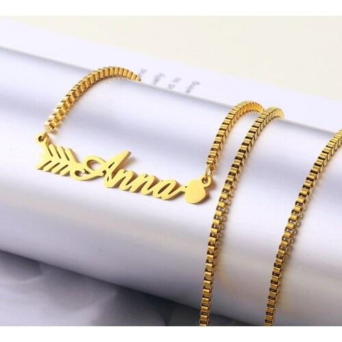 Custom Name Necklace Stainless Steel Personalized Arrow through the Name Heart Gold Choker Necklace Pendant Nameplate Gift