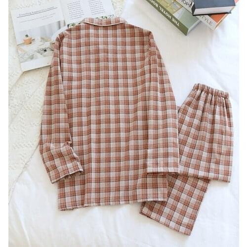 2021 New Season Couples Wear Pajamas 100% Cotton Flannel Male Large Size Simple Plaid Ladies Home Service Spring and Autumn