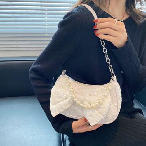 Popular lace bow underarm bag 2021 new female bag pearl handbag shoulder messenger bag fashionable purses