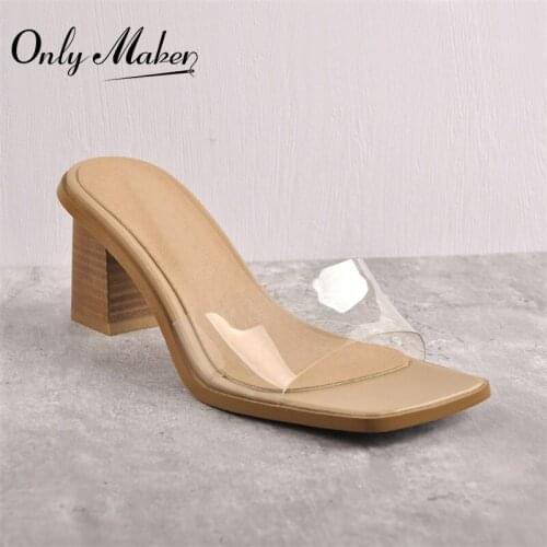 Onlymaker Womens Slip-On Sandals PVC Band Chunky High Heels Square Toe Slippers For Summer Jelly Shoes Casual Fashion Party