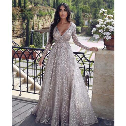 Sexy Vestidos De Formature Plunging V Neck Floor Length Lace Long Sleeve Prom Dresses 2020
