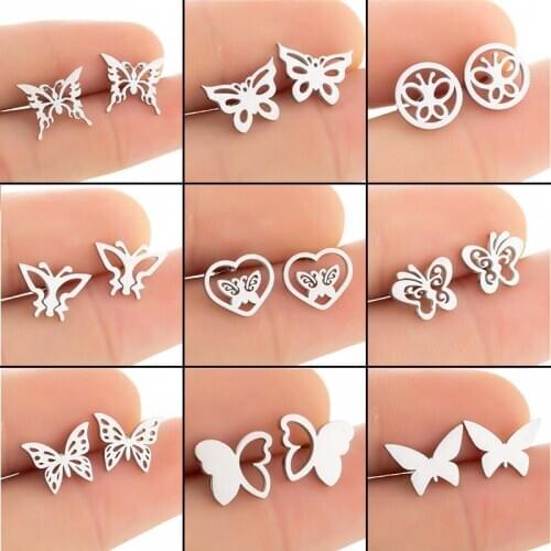 Lovely Stainless Steel Butterfly Stud Earrings for Women Minimalist Jewelry Fashion Cat Dog Owl Snake Earing Studs Girls bijoux