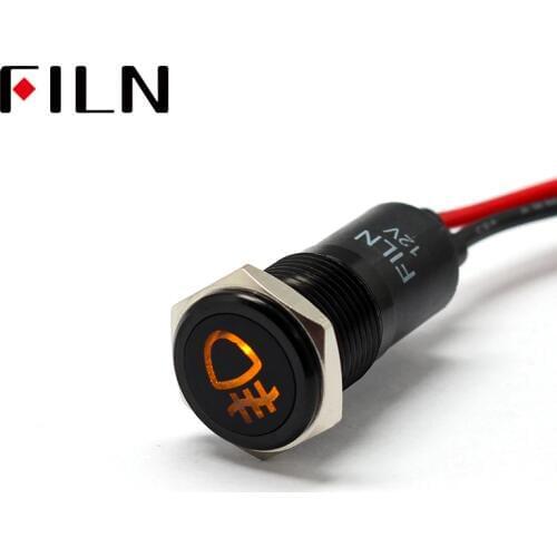 FILN 14mm Car dashboard Fog symbol led red yellow white blue green 12v led Black shell indicator light with 20cm cable