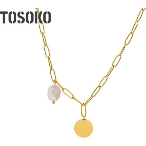 TOSOKO Stainless Steel Jewelry Special Shaped Baroque Pearl Necklace Womens Fashion Clavicle Chain BSP1032