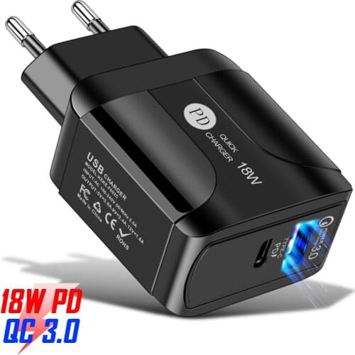 2 Port 18W PD USB C Fast Charger EU Plug Carregador for iPhone 8 Plus X 11 Pro Mobile Phone Chargers Adapter Quick Charge QC 3.0