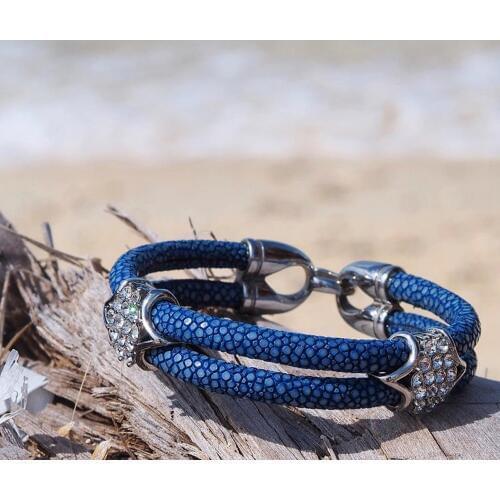 Premium Custom Blue Stingray HD Double Strap Bracelets Original Thailand Stingray Leather Bracelet fit Brand Watch Jewelry