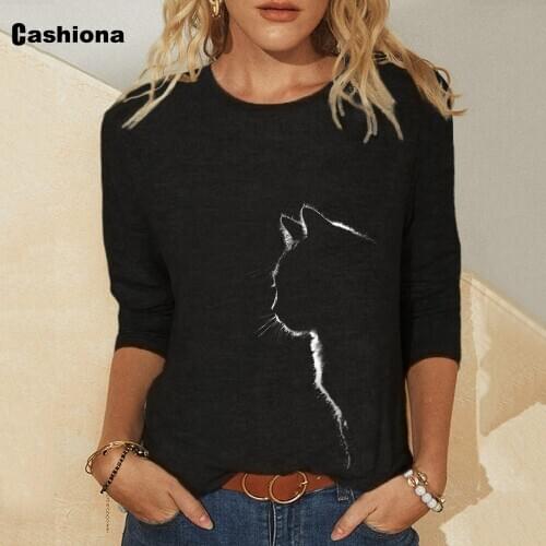 Plus size 4xl Women Elegant Leisure Casual T-shirt Model Cat Print Womens Top Vintage 2020 Spring Autumn Loose Tees shirt Femme