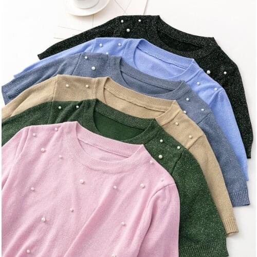 Pearl O Neck Knit Tshirt Women Fashion Short Sleeve Jumper Solid Color Pullovers Ladies Tops Brown Blue Black Elegant Tee Shirt