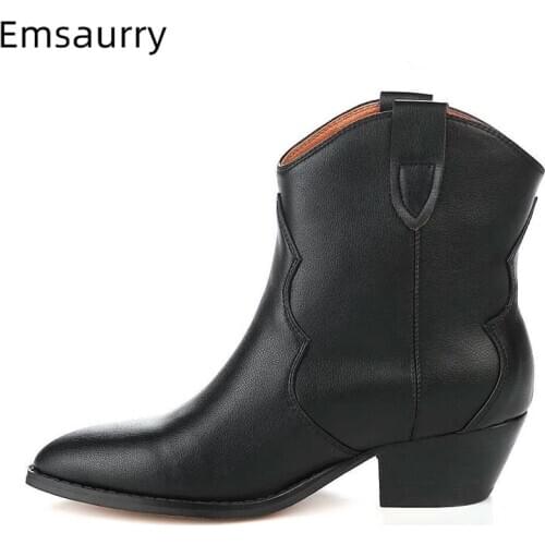 Black Genuine Leather Ankle Boots Women Sexy Pointed Toe Med Square Heel Autumn Winter Patchwork Runway Botas Mujer