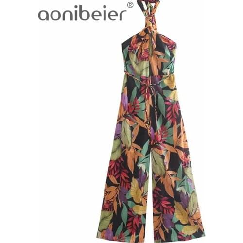 Aonibeier Fashion Leaf Print Women Rompers Summer Sleeveless Backless Halter Neck Wide Leg Casual Beach Jumpsuits with Sashes