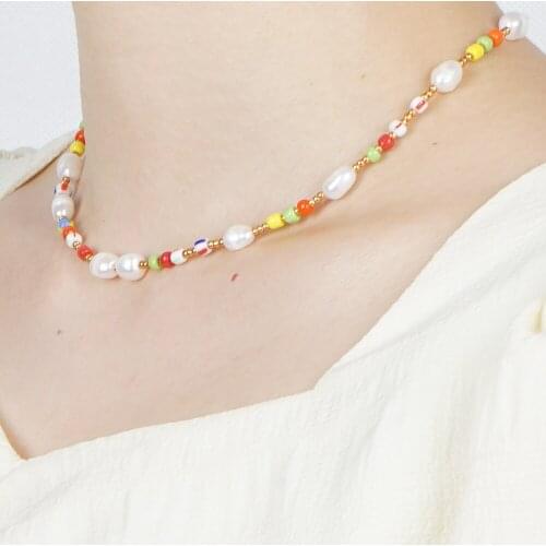 Bohemian Beach Style Natural Freshwater Pearl Rainbow Rice Bead Necklace Suitable for Women and Girls Jewelry Pearl Necklace