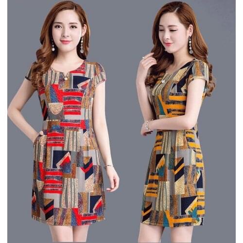 Middle-aged Middle-aged Women Dress Summer New Large Size Dress Slim Style in Korean Version Waist Hugging Midi Dress