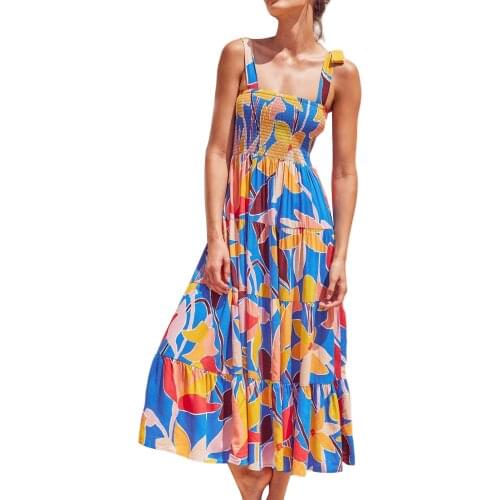 Women Summer Foral Printed Dress Beach Sleeveless Tie Up Boat Neck Loose Sundress Holiday Boho Vestidos 2021Ladies Dresses