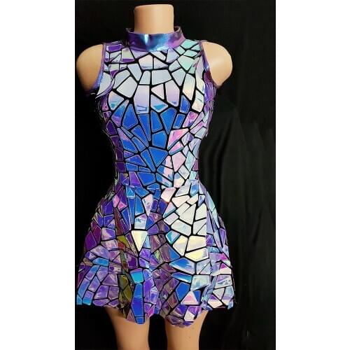 Silver Mirror Nightclub Dress Women Evening Birthday Outfit Sleeveless Shiny Laser PU Bar Dj Gogo Dancer Singer Stage Costumes