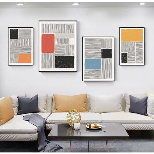 Abstract Colorful Black White Yellow Geometric Line Canvas Painting Wall Art Picture Poster Print For Living Room Home Decor