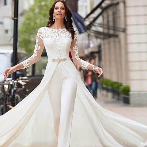White Bridal Jumpsuit with Cape Vintage Lace Long Sleeve Women Dress Wedding Gowns 2021