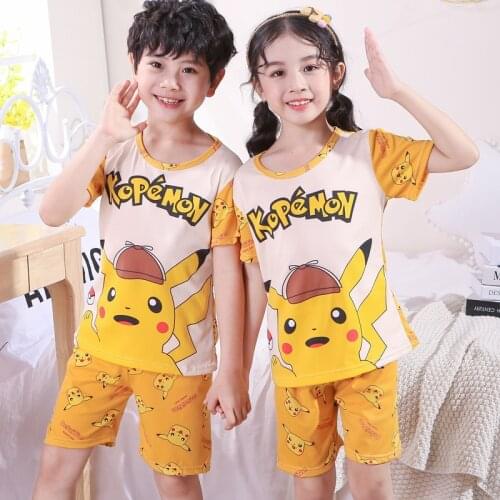 Pokemon Children Clothes Summer Cool Short-sleeved Pajamas Pikachu Cute T-shirt Cartoon Kids Fashion Boys Girls Tops Shorts Suit