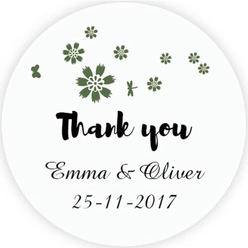 DouxArt 100 Pieces Personalized Wedding Stickers Thank You, 4cm Flowers Wedding Communion Baptism Invitation Gift Labels