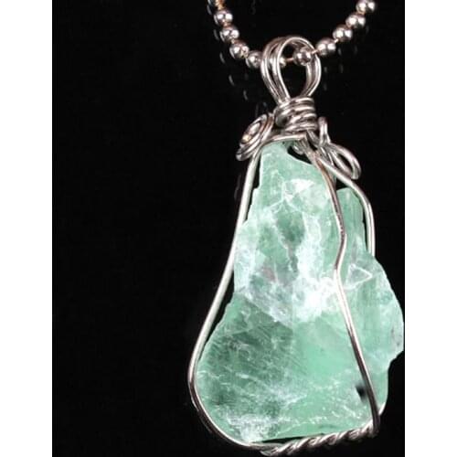 KFT Natural Irregular Shape Healing Crystal Fluorite Stone Pendant Handmade Wire Wrap Mineral Stone Pendant Jewelry