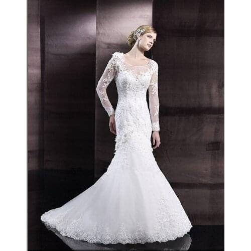 Lace appliques flowers romantic sheer long sleeves crystals pearls Buttons loops فساتين bridal gown Bespoke Wedding Dresses