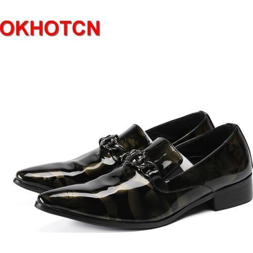 Hot Patent Leather Men Formal Shoes Leather Slip On Metal Hoops Italian Shoes Men Black Crystal Zapatos De Hombre Para Vestir