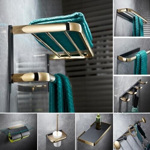 Copper Bathroom Accessories Set Solid Brass Tissue Holder Coat Hook Roll Basket Towel Rack Toilet Brush Bath Hardware Black Gold